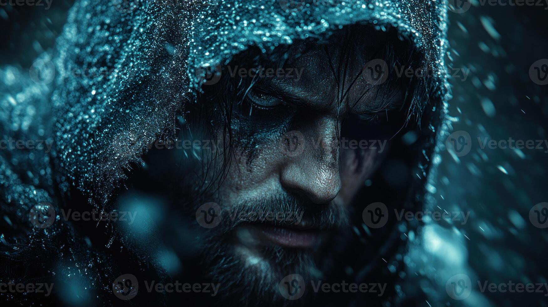 Frozen warrior in blizzard. photo