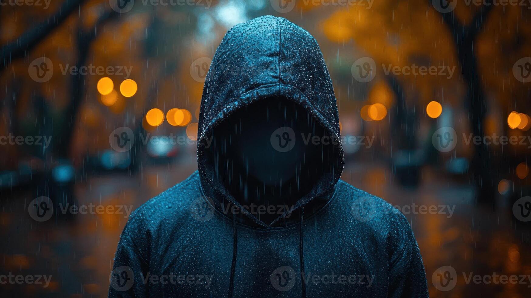 Anonymous hooded figure in rain. photo