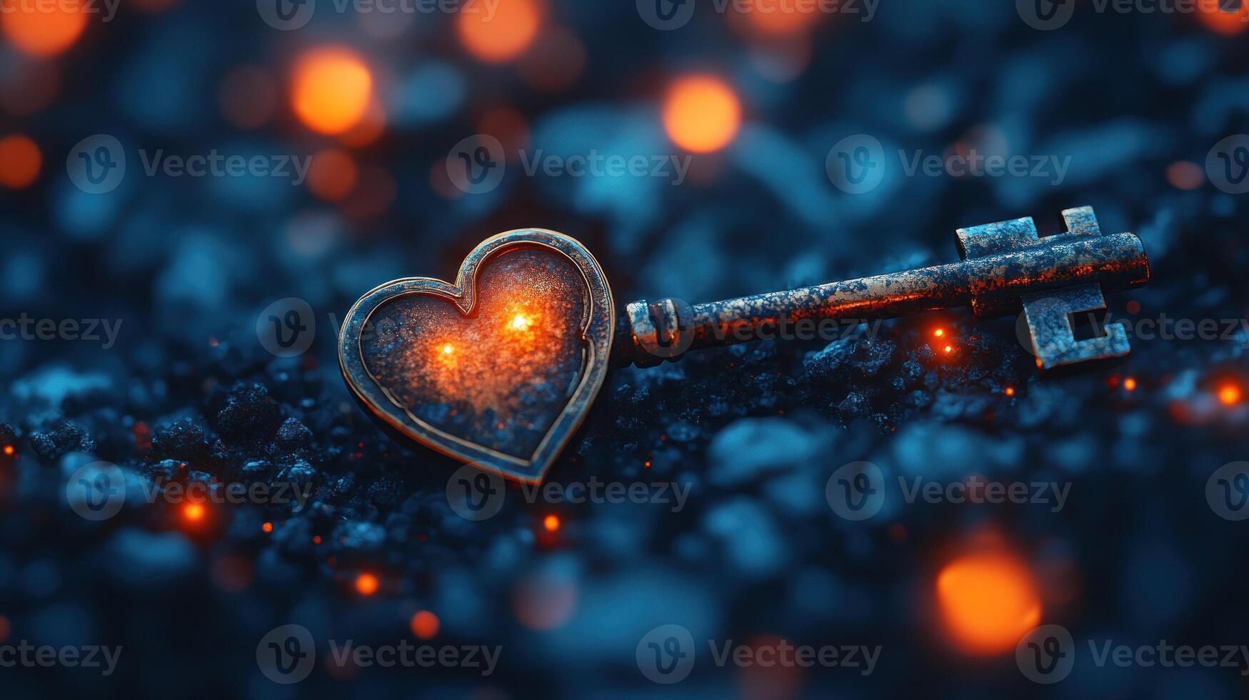 Glowing heart-shaped key on dark surface. photo