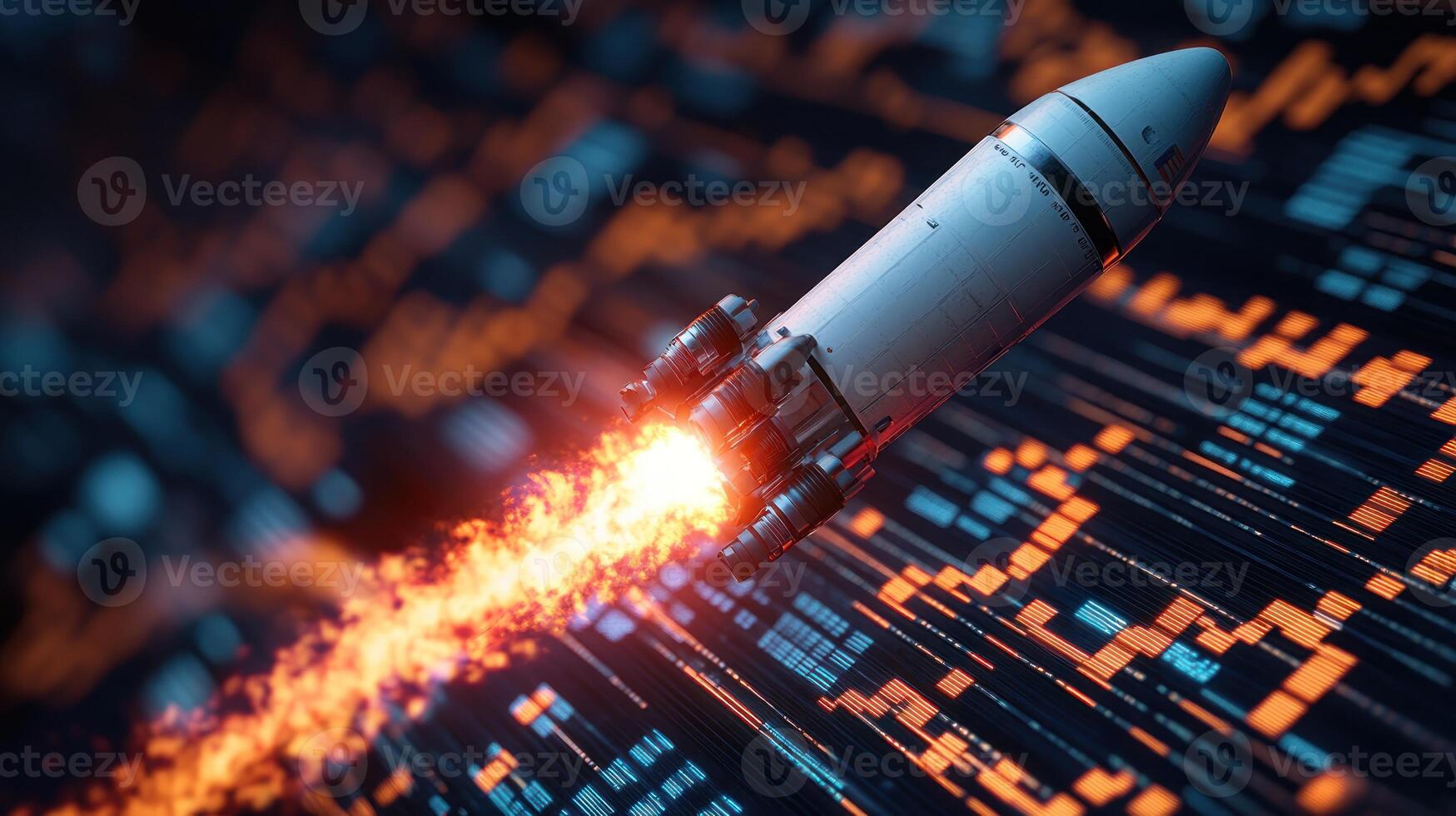 Futuristic rocket launching over digital data stream. photo