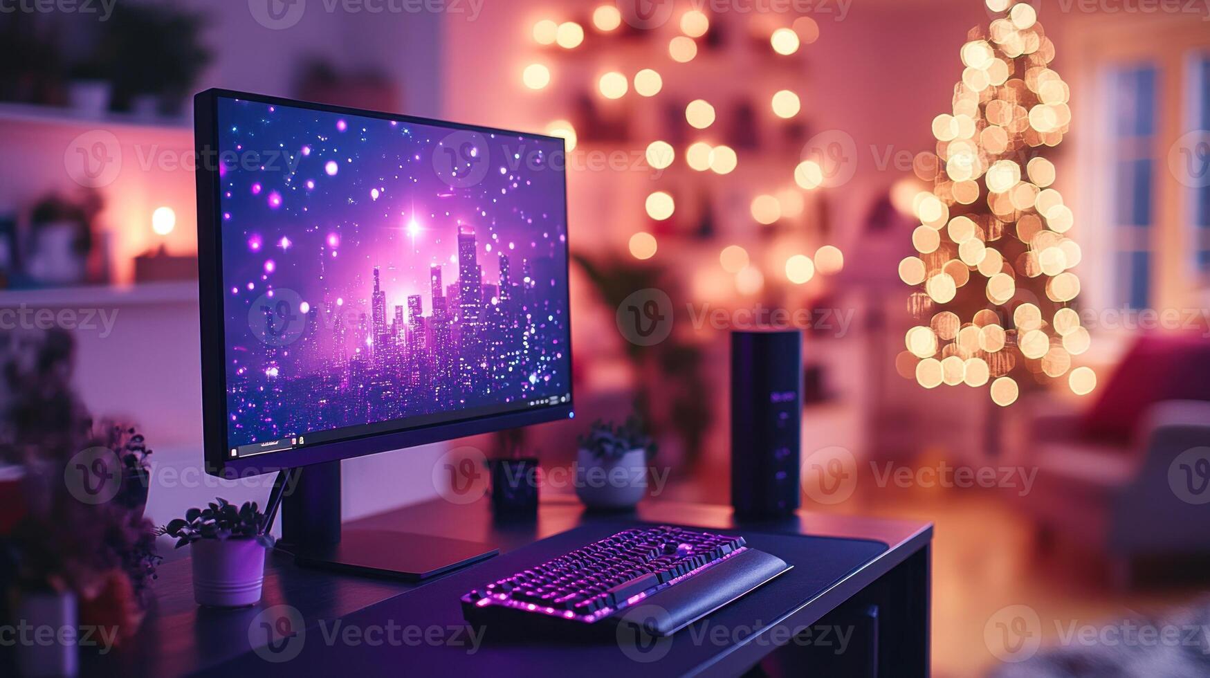 Festive computer setup with city lights wallpaper. photo