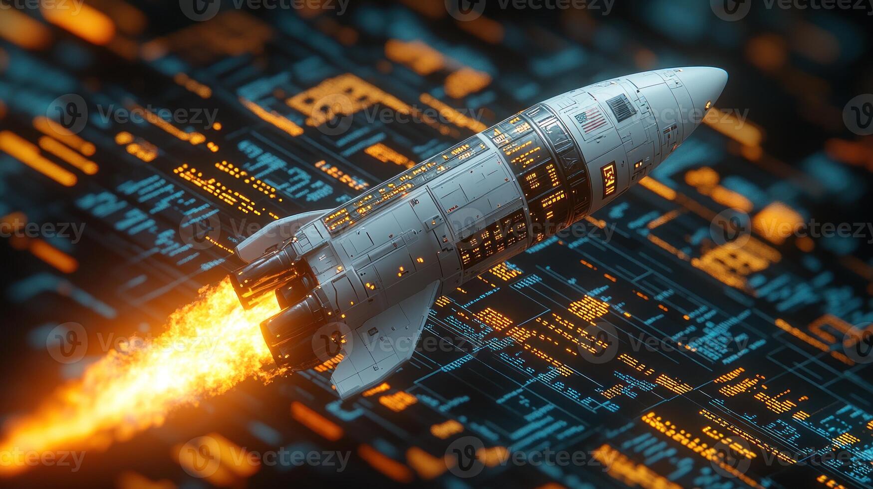 Futuristic rocket launching from digital surface. photo
