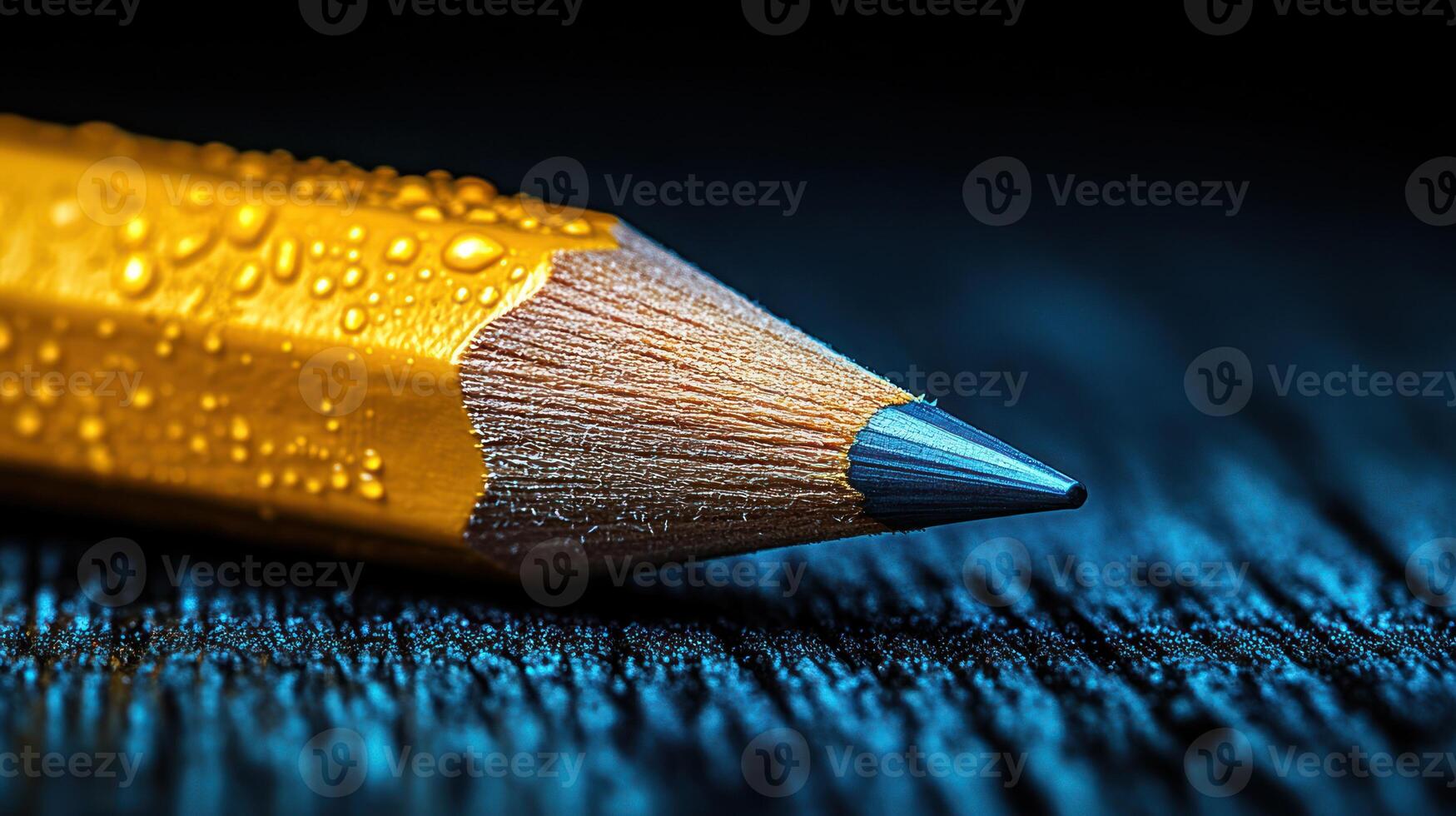 Close-up of a wet yellow pencil on dark wood. photo