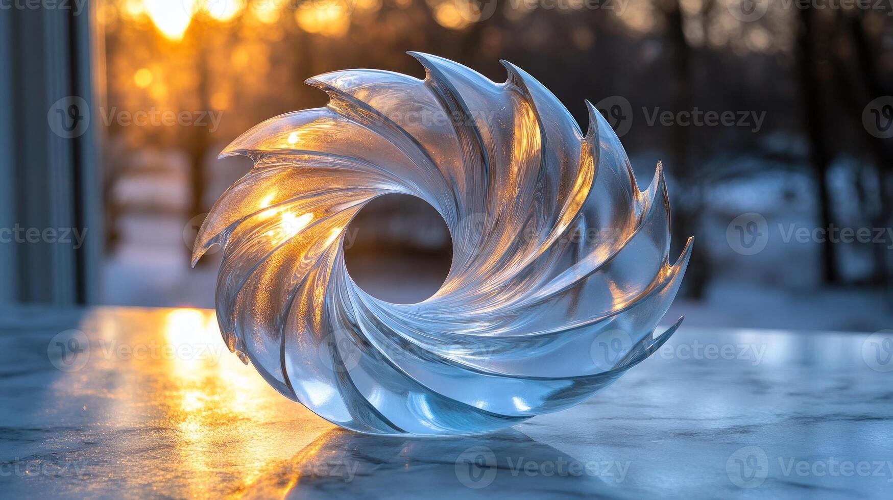 Glass sculpture reflecting sunset. photo