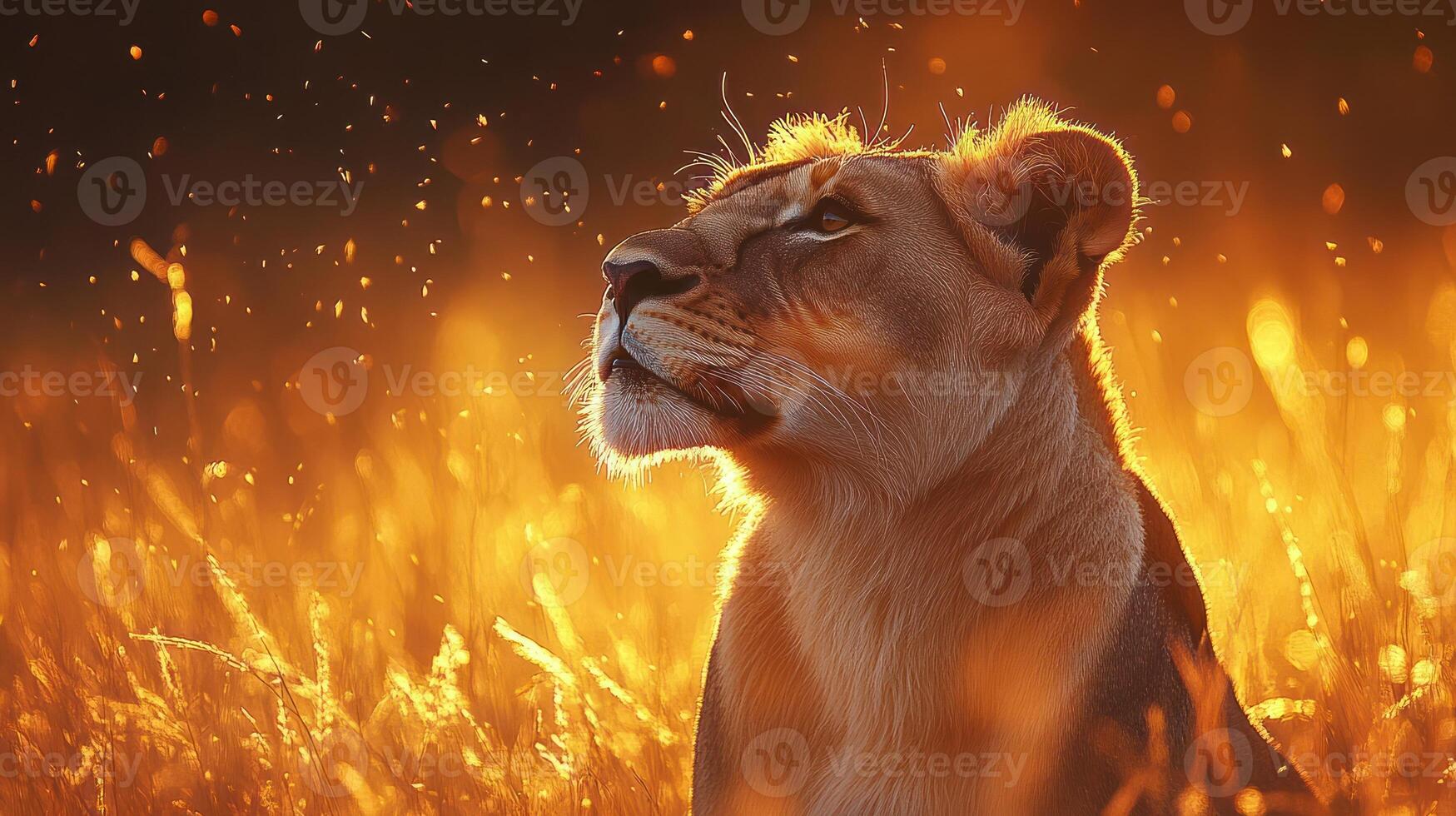 Fiery sunset illuminates a majestic lioness. photo
