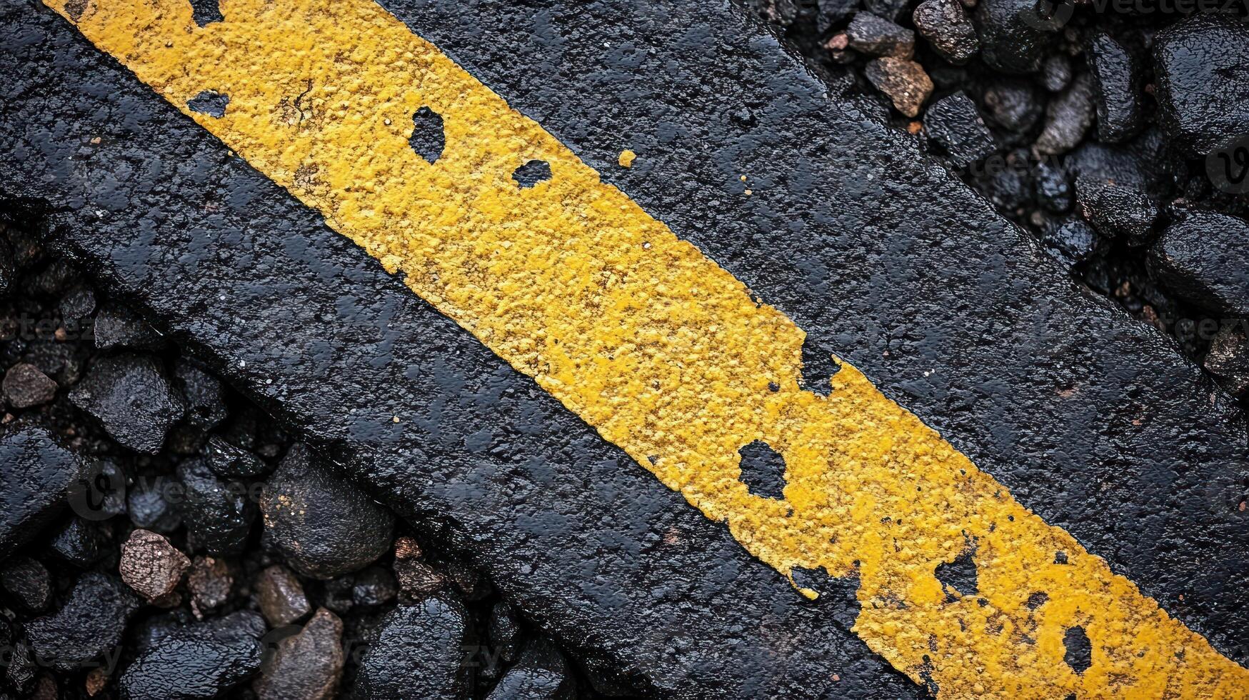 Diagonal yellow line on wet asphalt. photo