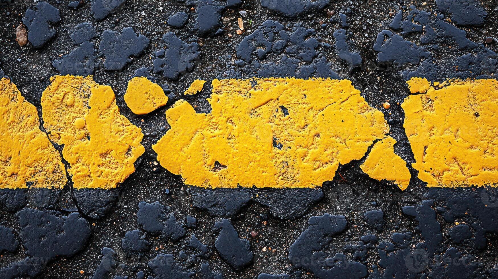 Cracked yellow line on asphalt. photo