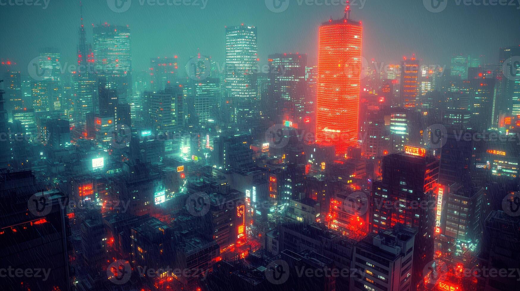 Foggy futuristic city at night with vibrant lights. photo