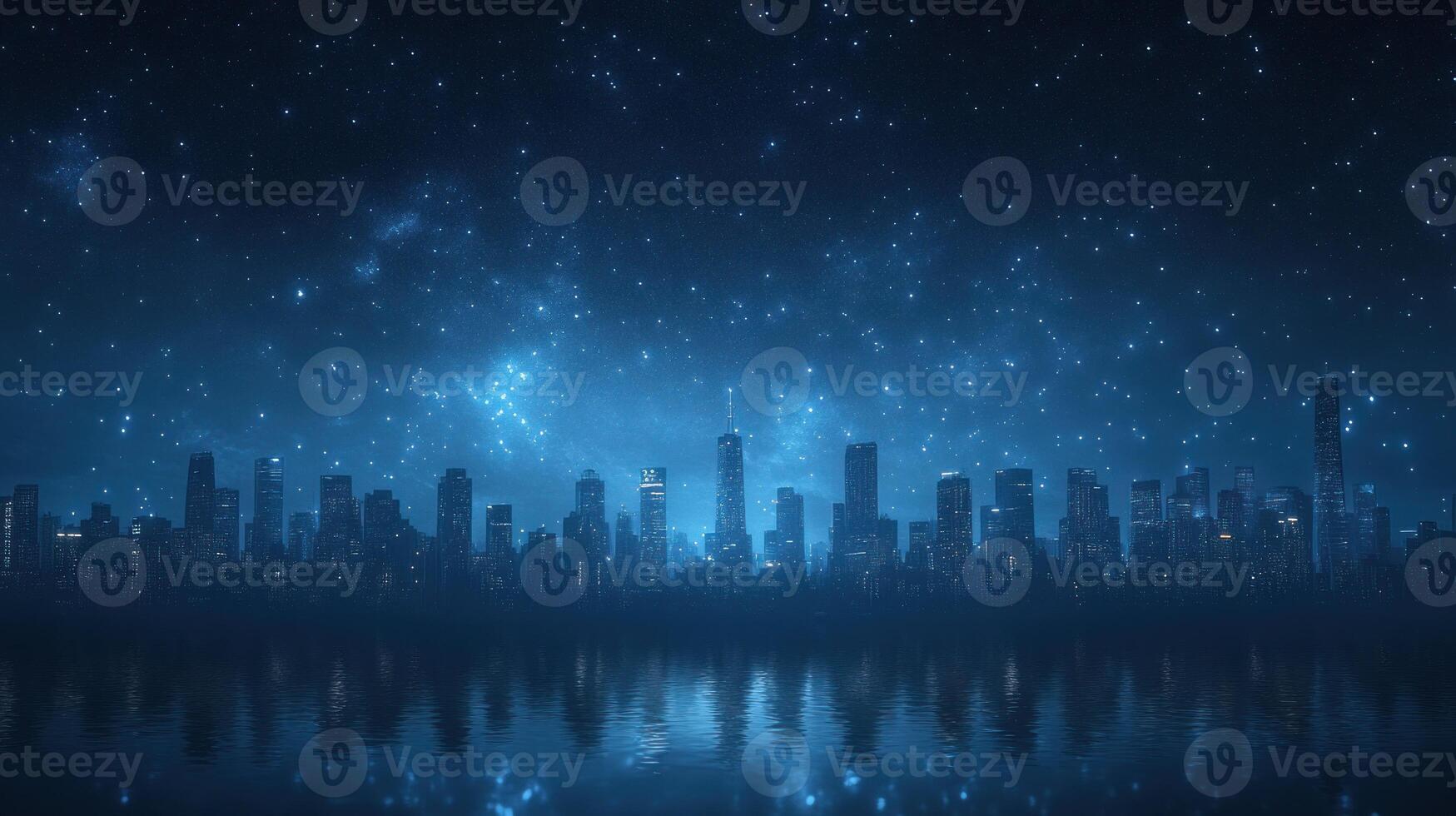 City skyline reflected in water under a starry night sky. photo