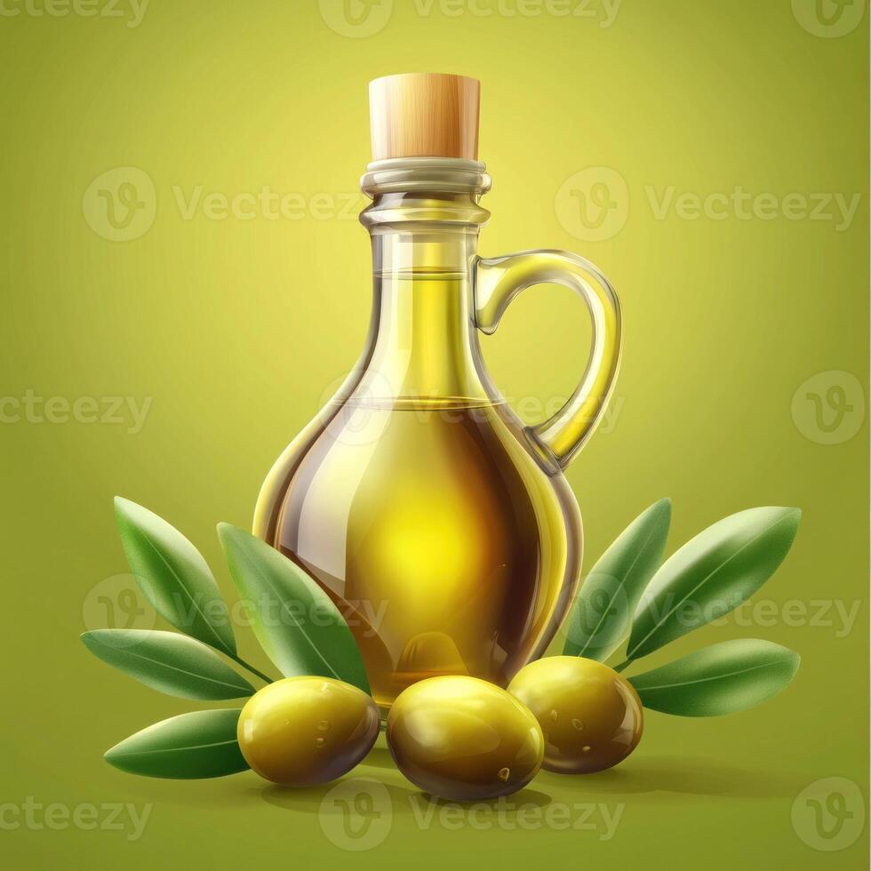 Olive oil in glass bottle with olives. photo