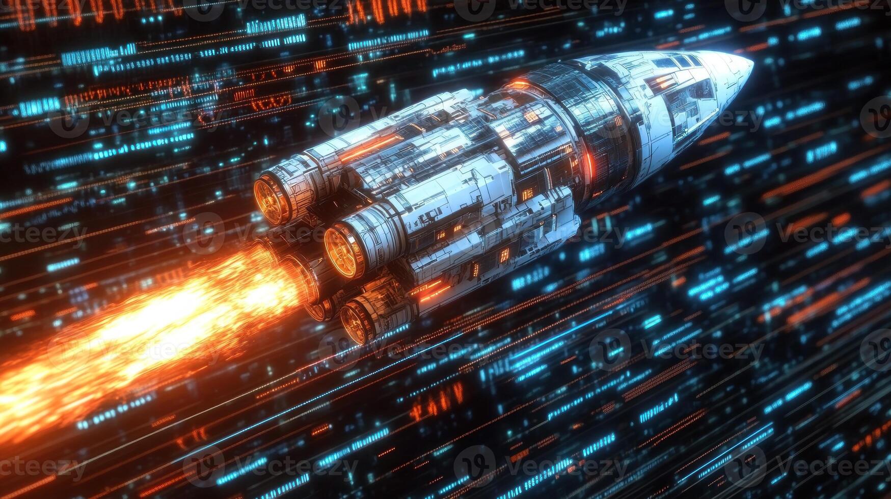 Spaceship speeding through digital stream. photo