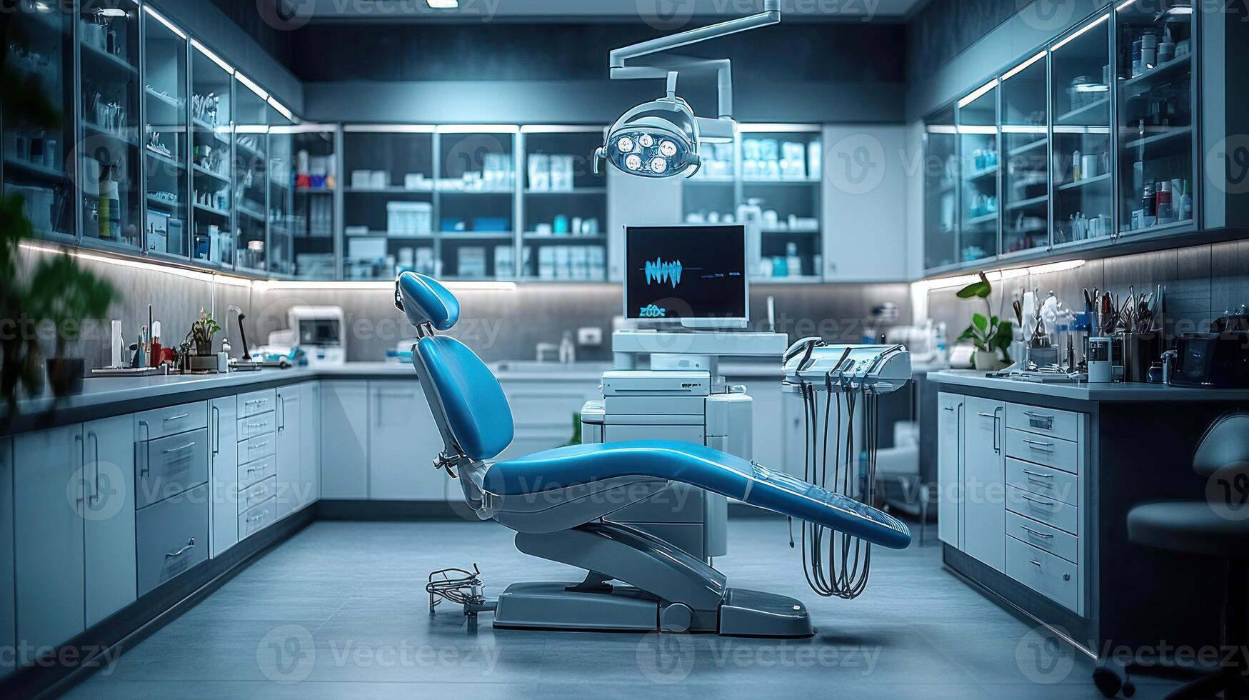 Modern, empty dental office with chair, equipment, and cabinets. photo