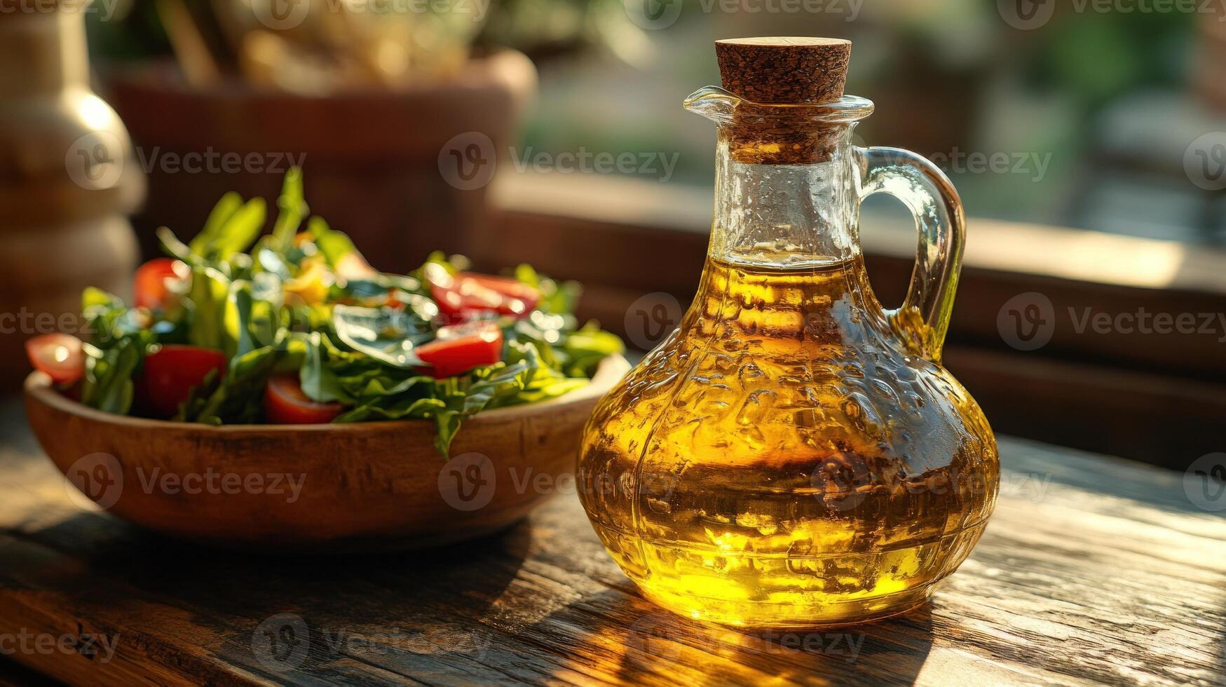 Rustic wooden table with a bowl of fresh salad and a glass decanter of golden oil. photo