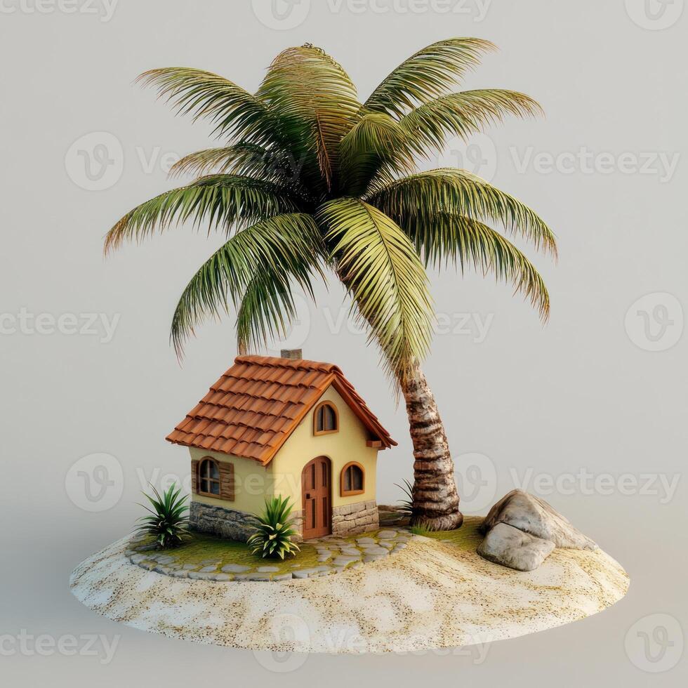 Small house under palm tree on island. photo