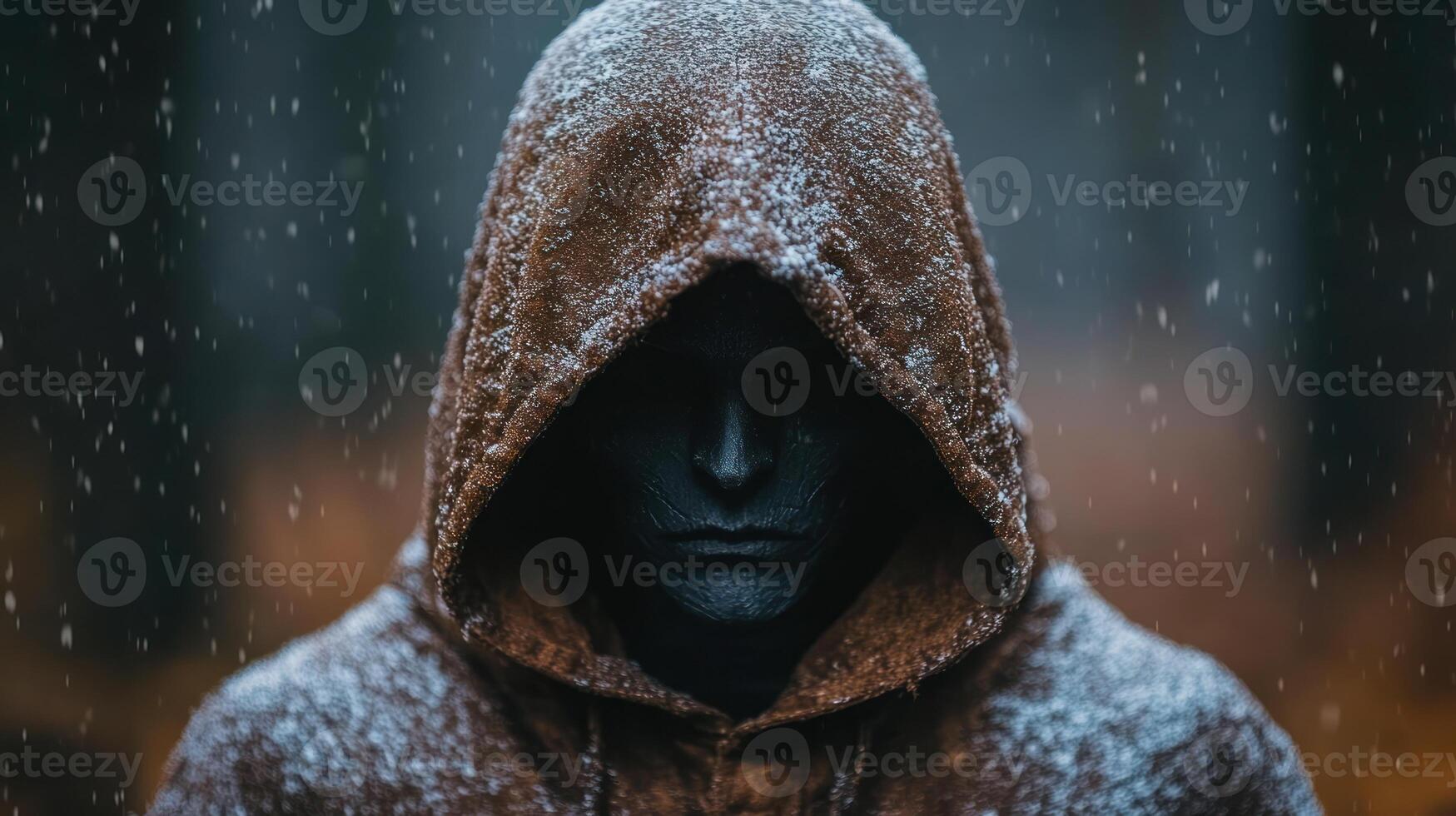 Snow-covered hooded figure in a dark forest. photo