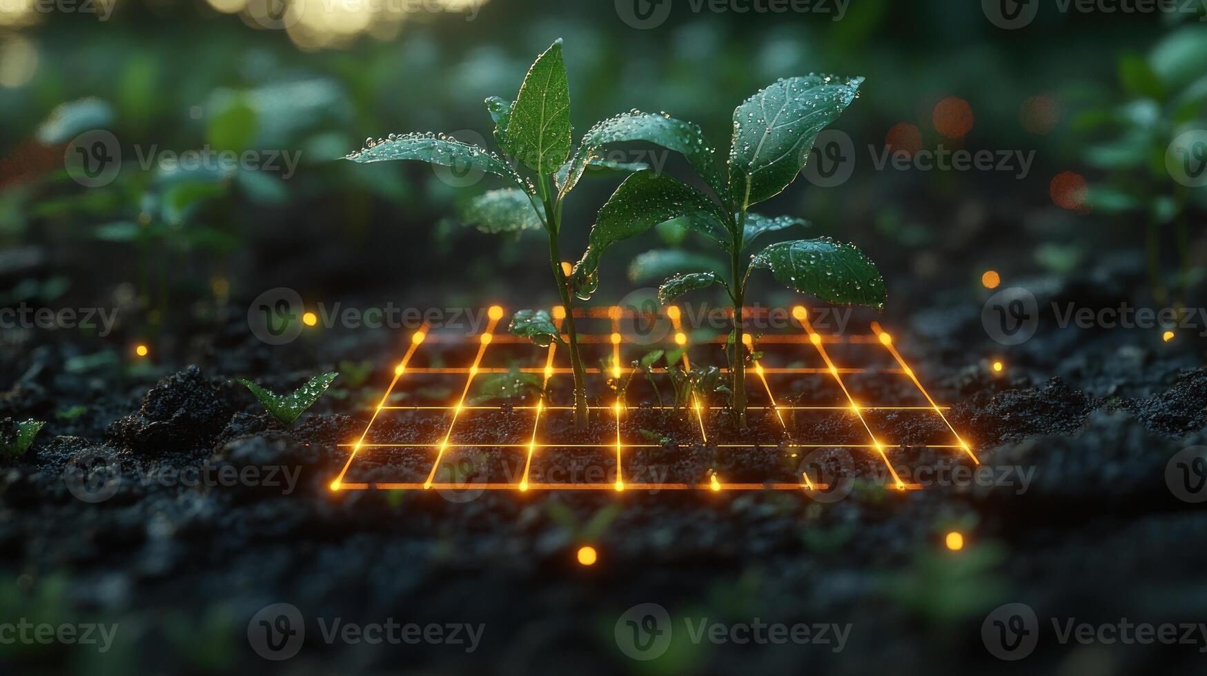 Smart farming seedlings growing on a grid. photo