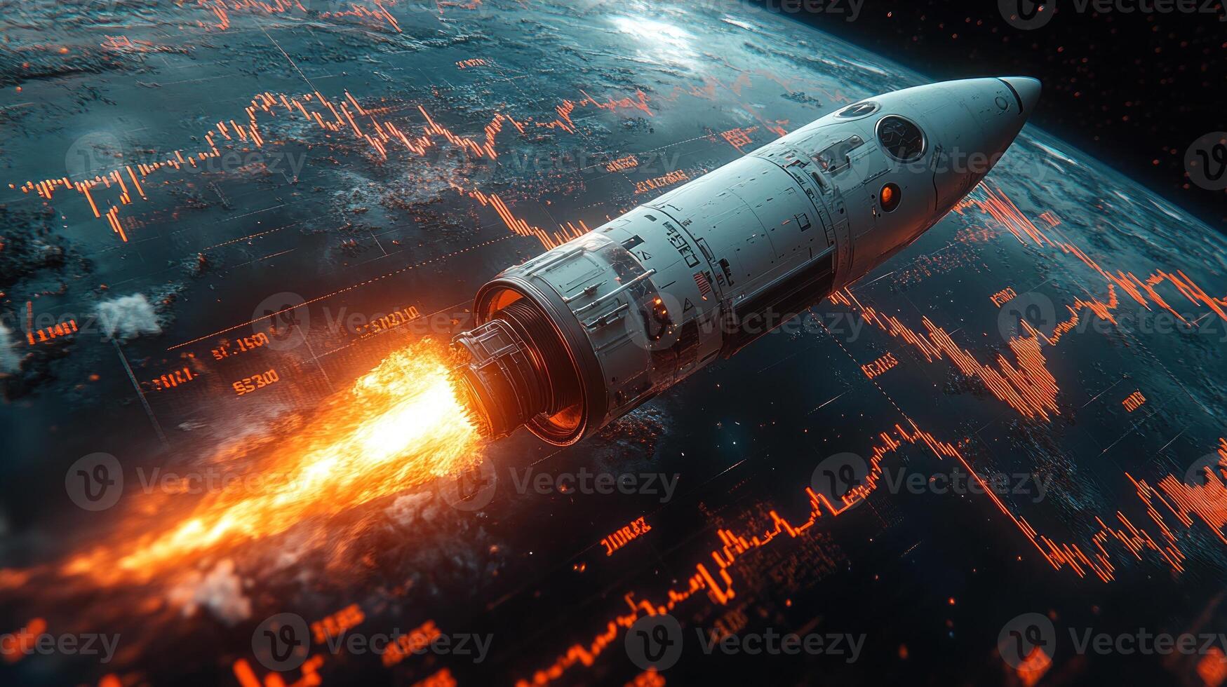 Rocket launching over Earth with financial data. photo