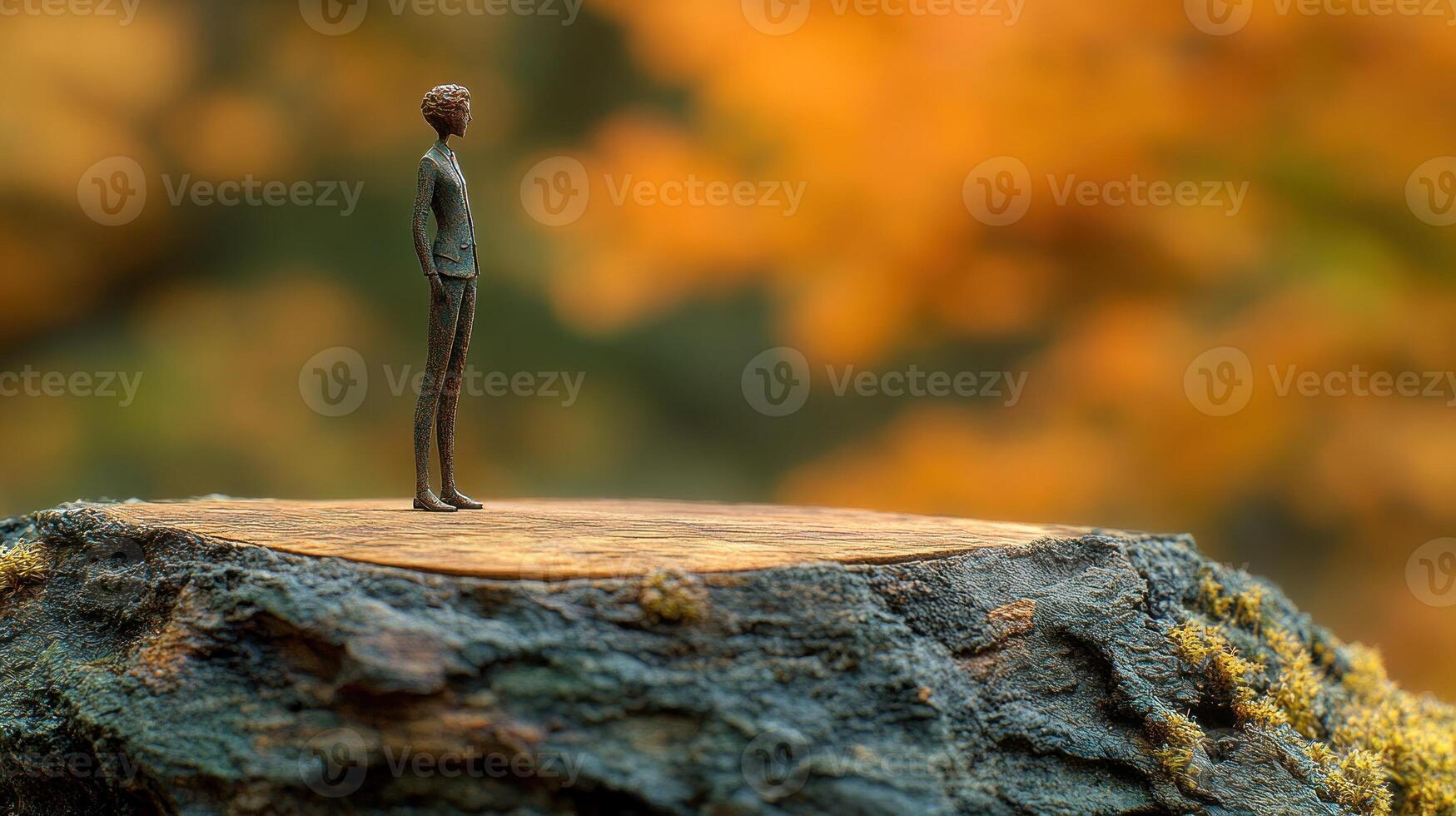 Small bronze statue of a boy standing on a tree stump against a blurred autumn background. photo