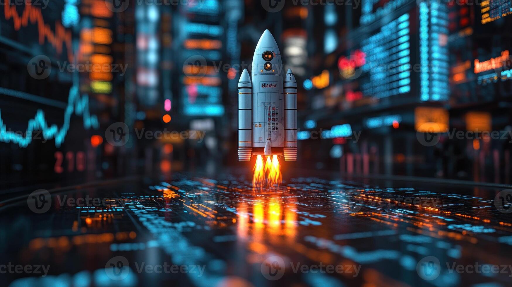 Rocket launching amidst futuristic cityscape and data streams. photo