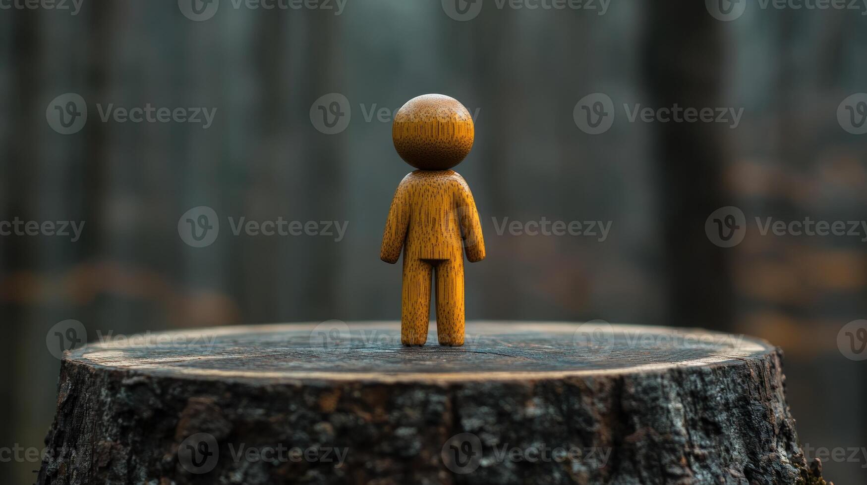 Wooden figure on tree stump in forest. photo