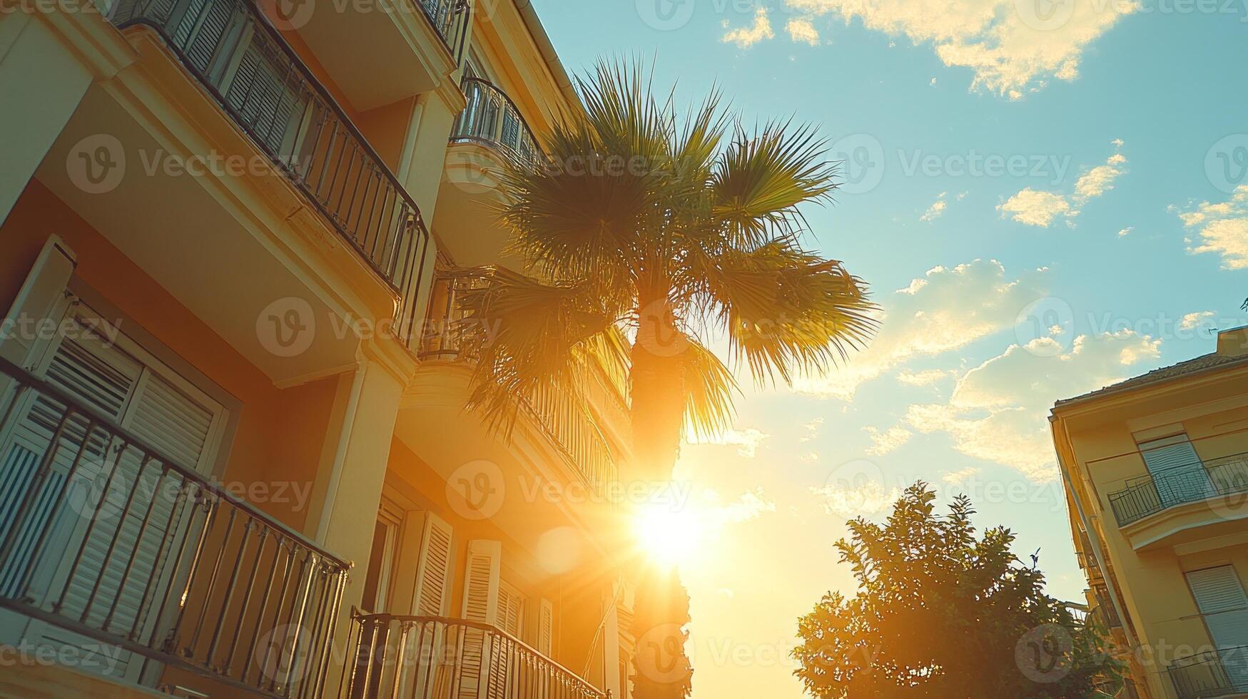 Sunset view of apartment building with palm tree. photo