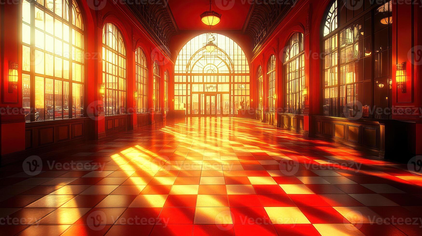 Sunlit red arcade interior with checkered floor. photo