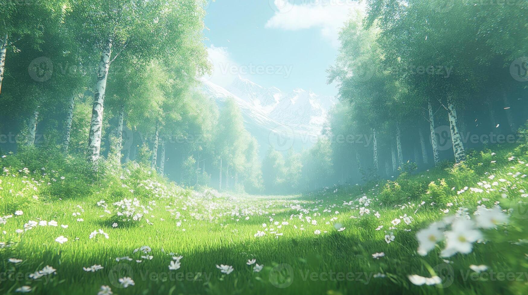 Sunlit path through a lush, flower-filled forest. photo