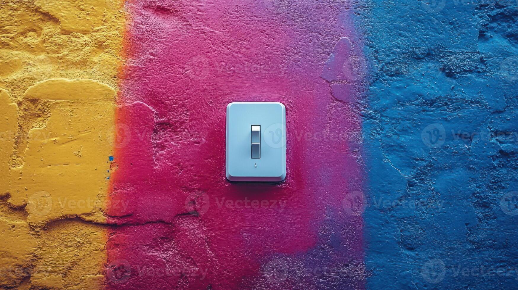 White light switch on colorful textured wall. photo