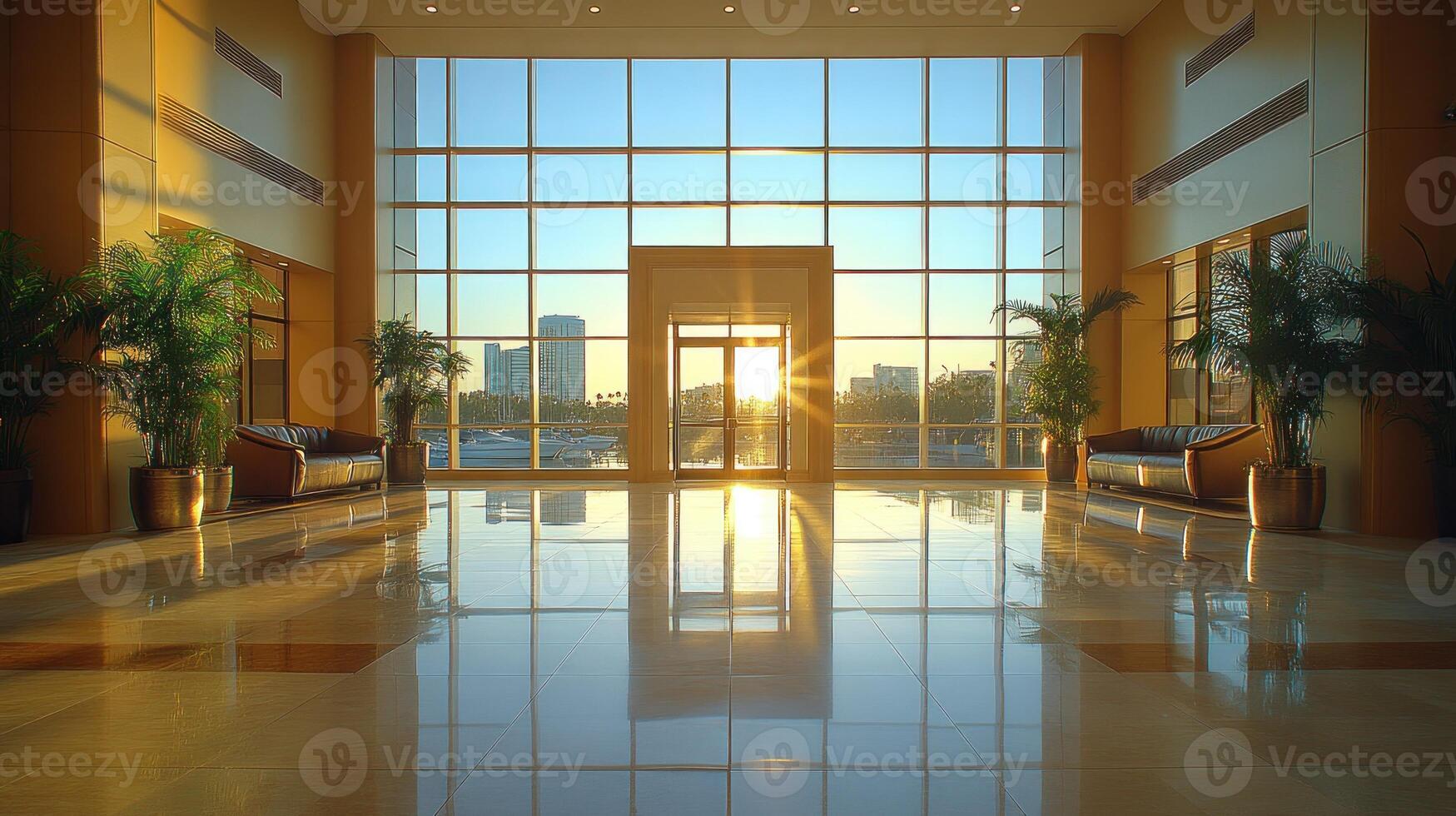 Sunlit lobby with city view and marble floor. photo