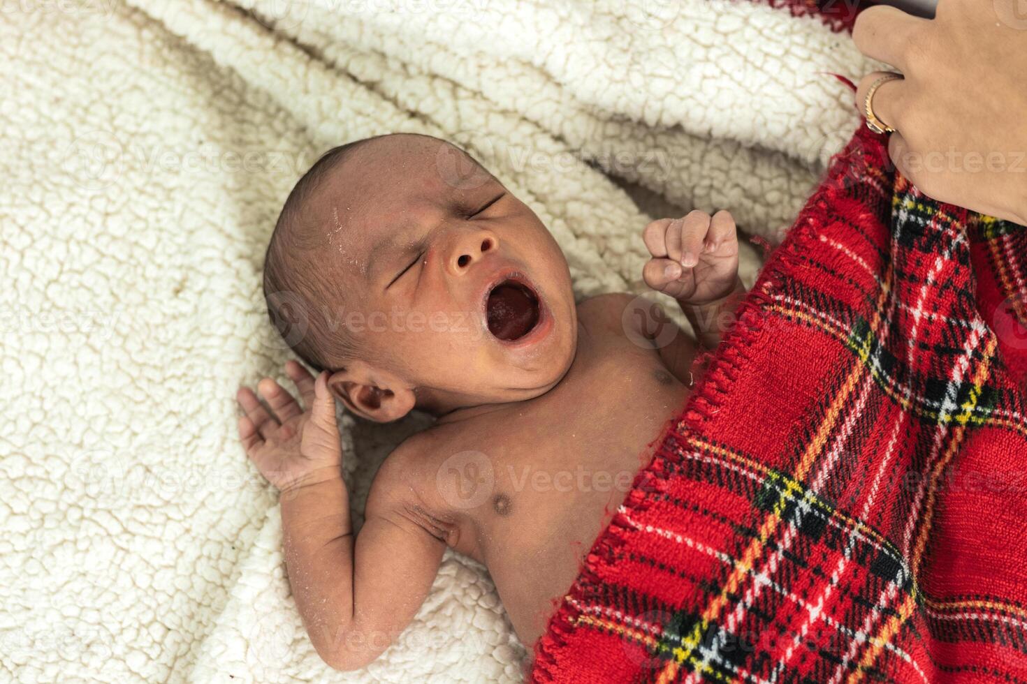 Newborn baby on soft tartan blanket photo