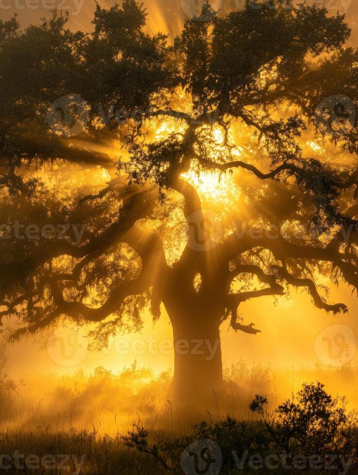 The sun shines through the branches of an oak tree photo