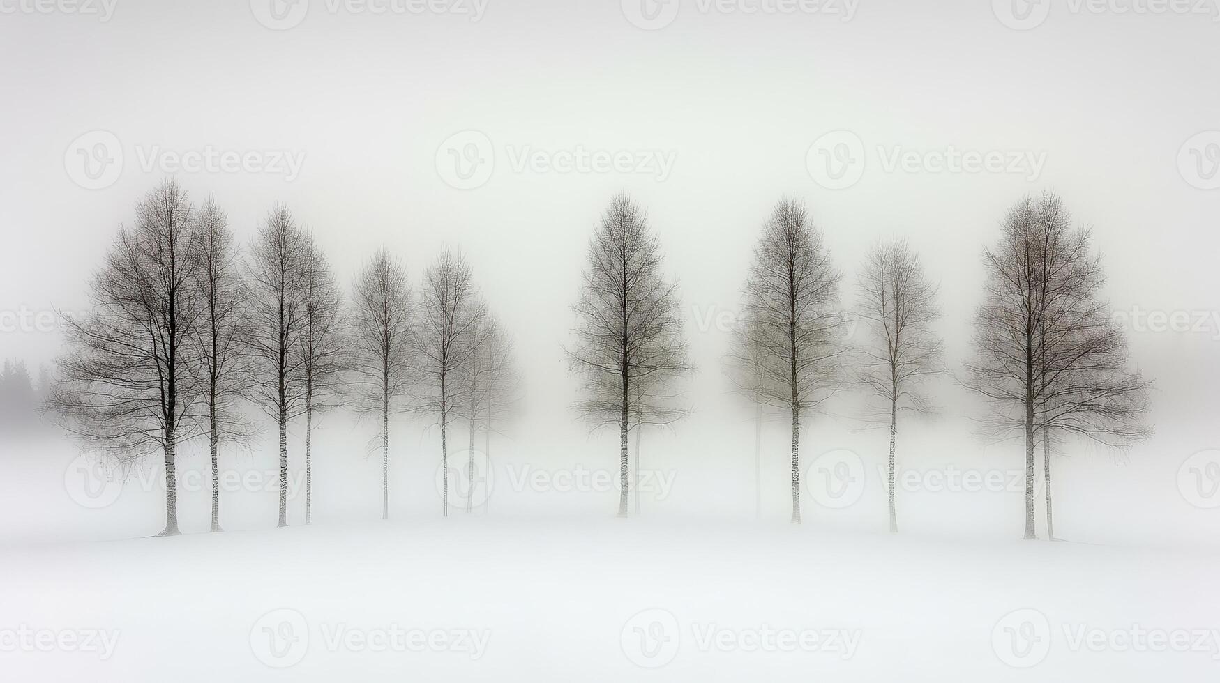 A group of trees in the snow with fog photo
