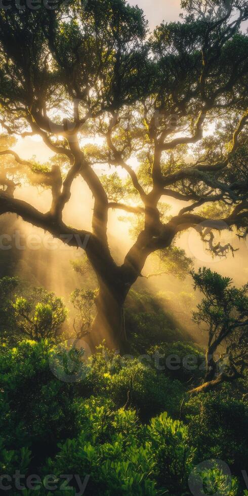 A tree in the middle of a forest with sunlight shining through photo