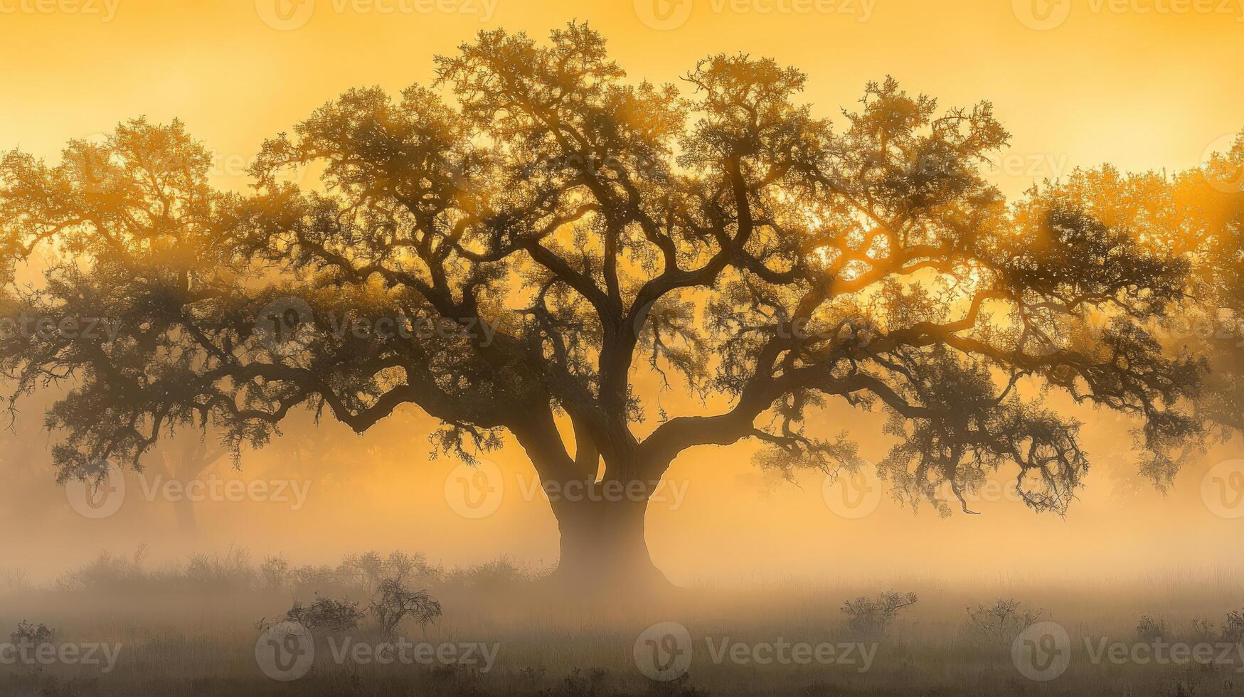 A tree in the fog with a yellow sun photo