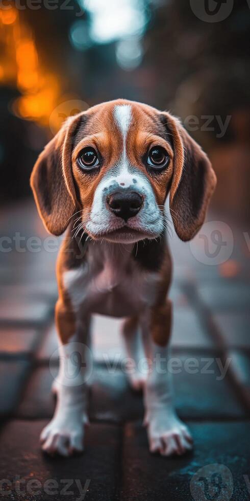 A beagle puppy standing on a brick walkway photo