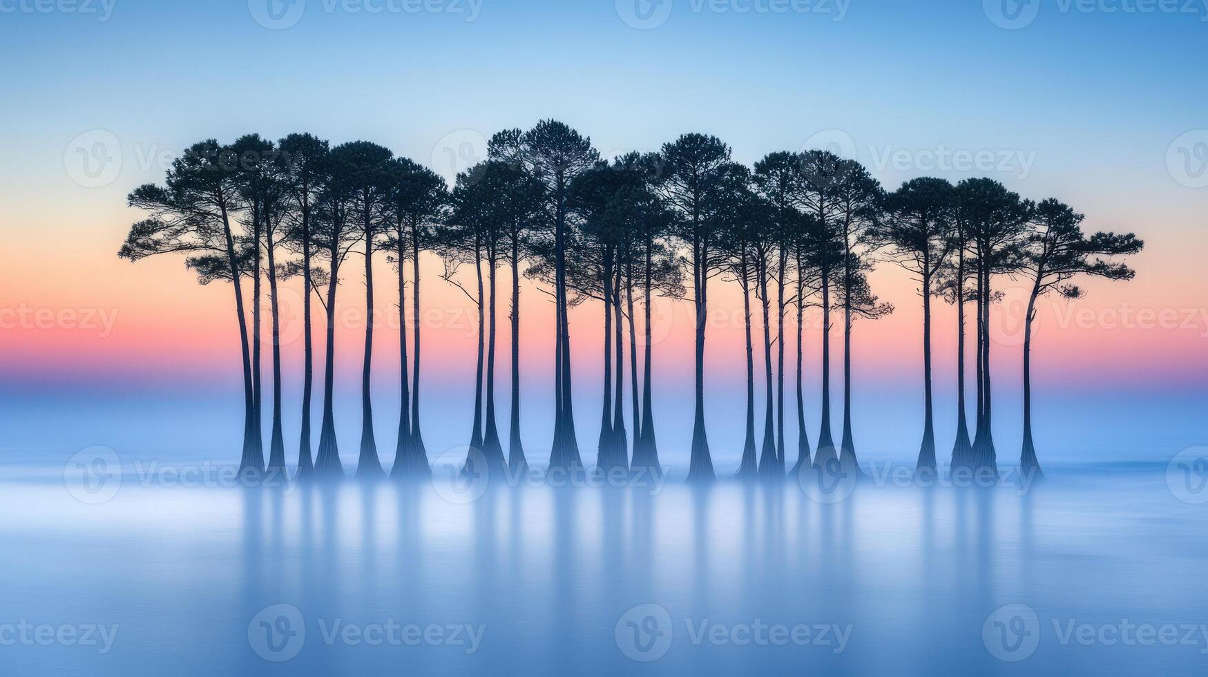 A group of trees in the water at sunrise photo