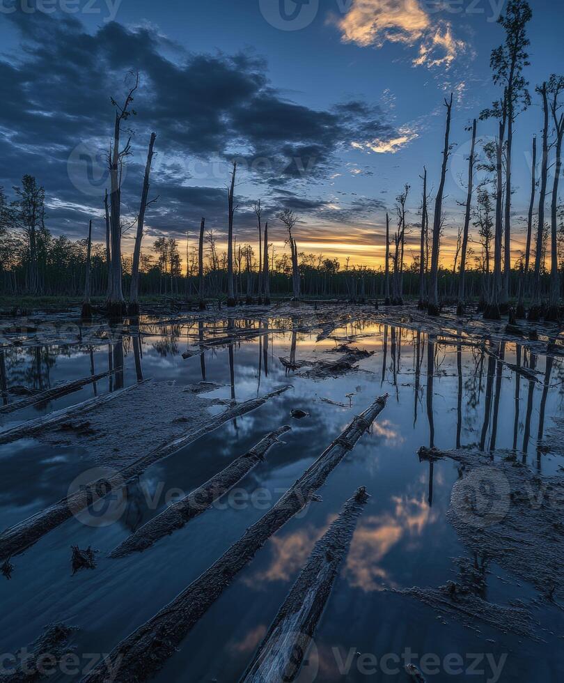 A sunset over a swamp with dead trees photo