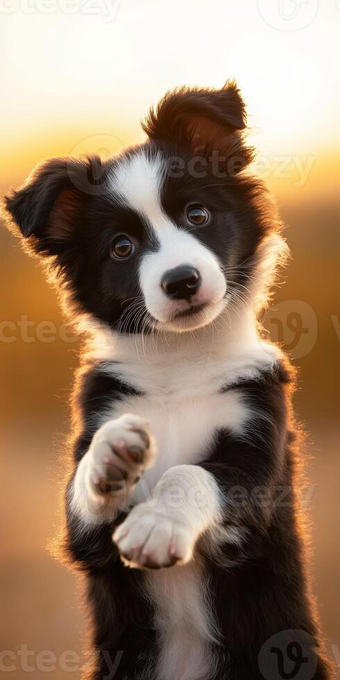 A black and white puppy standing on its hind legs photo