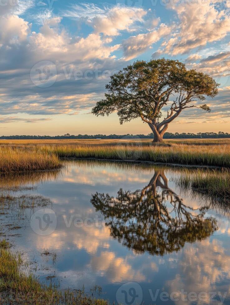 A lone tree stands in the middle of a marsh photo