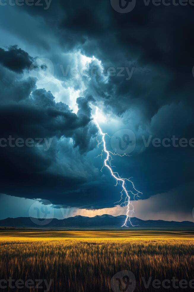 Lightning strikes over a field with a dark sky photo