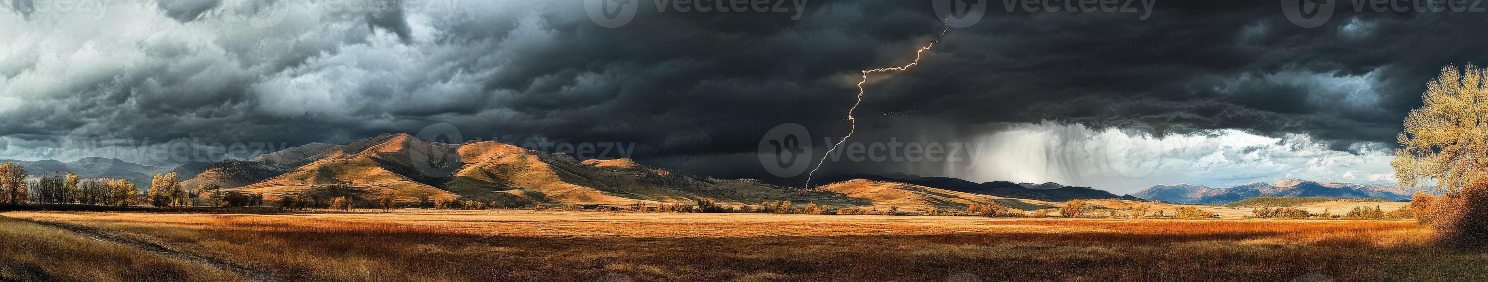 A storm is coming over a field with a lightning bolt photo