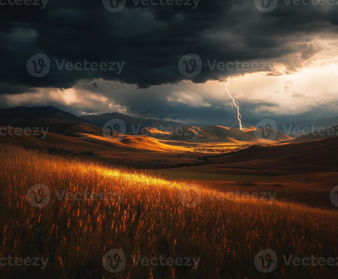 A lightning bolt strikes through the clouds over a field photo