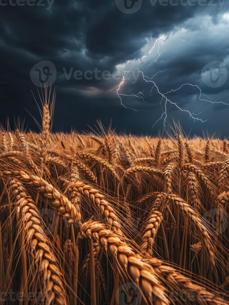A field of wheat with lightning and storm clouds photo