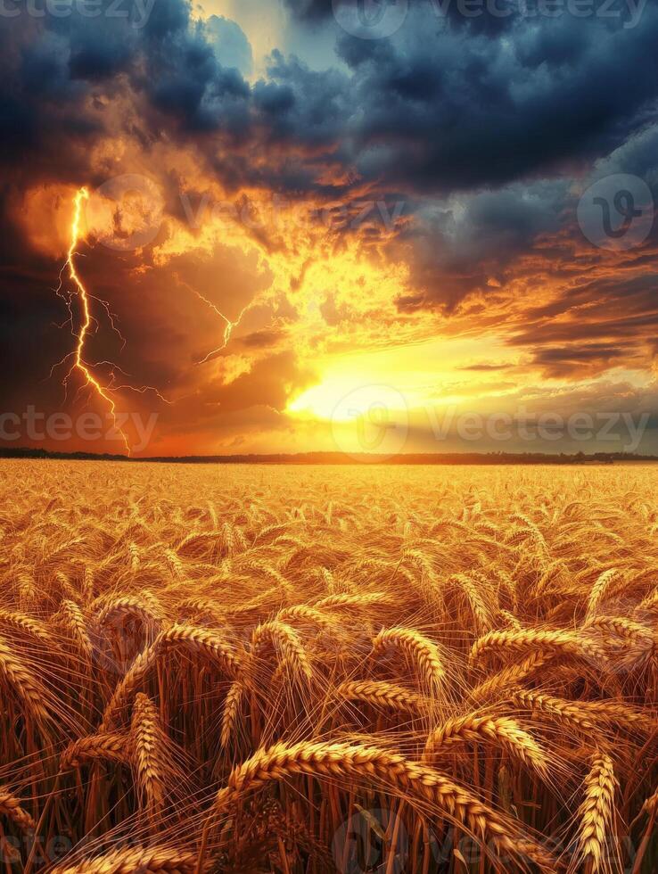 A field of wheat with lightning in the sky photo