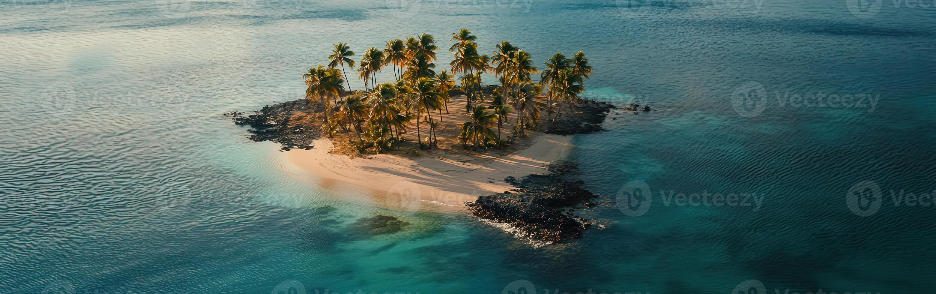 An aerial view of a small island with palm trees photo