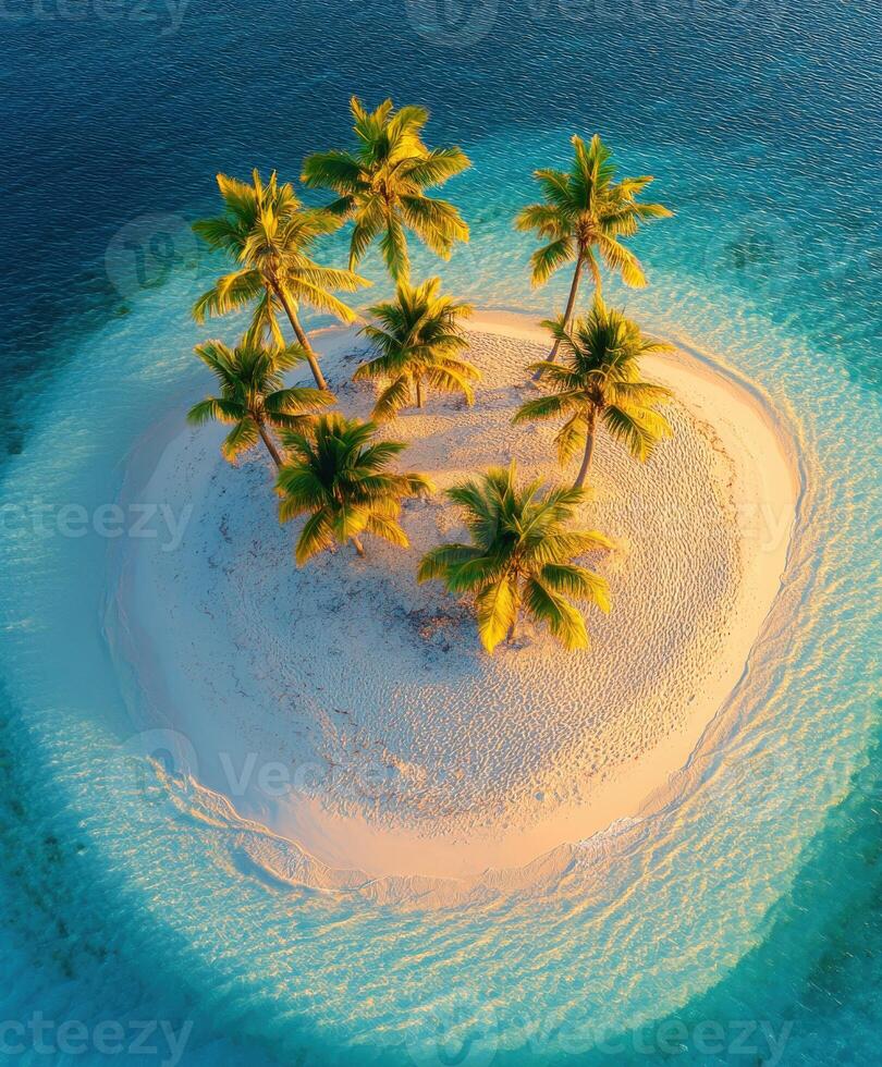An aerial view of an island with palm trees photo