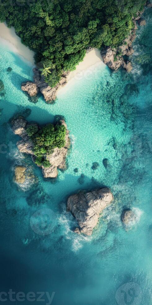 An aerial view of a tropical island with green trees photo