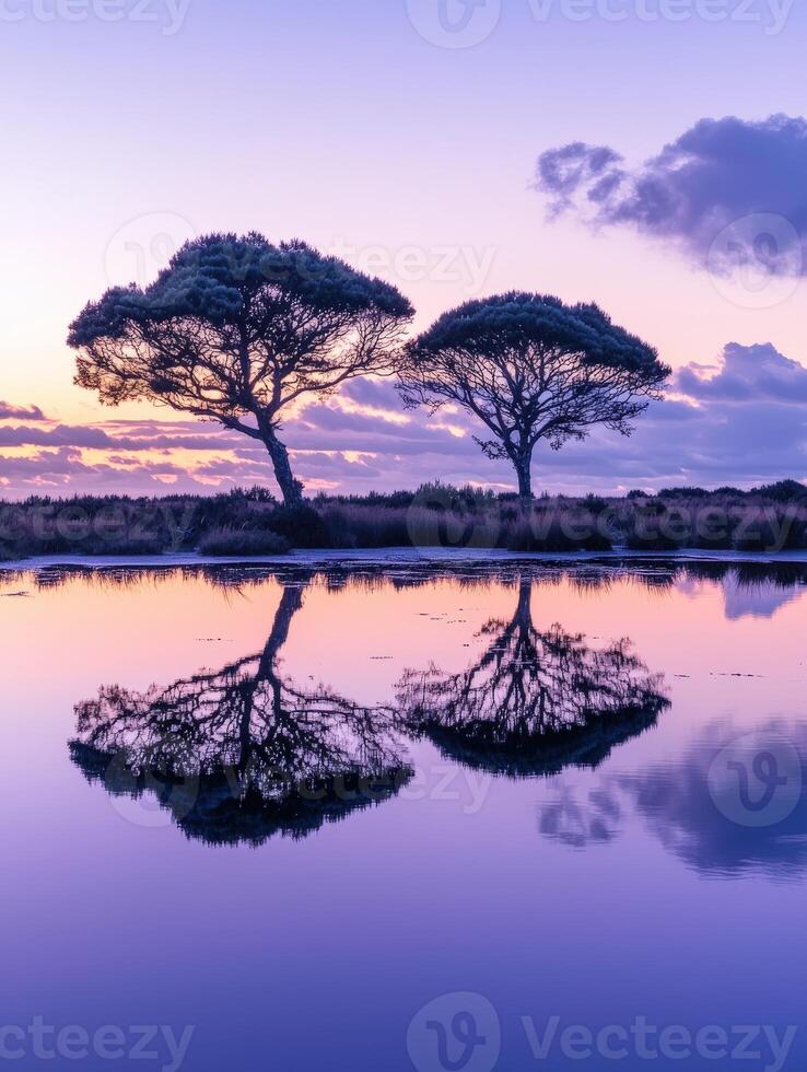 Two trees are reflected in the water at sunset photo