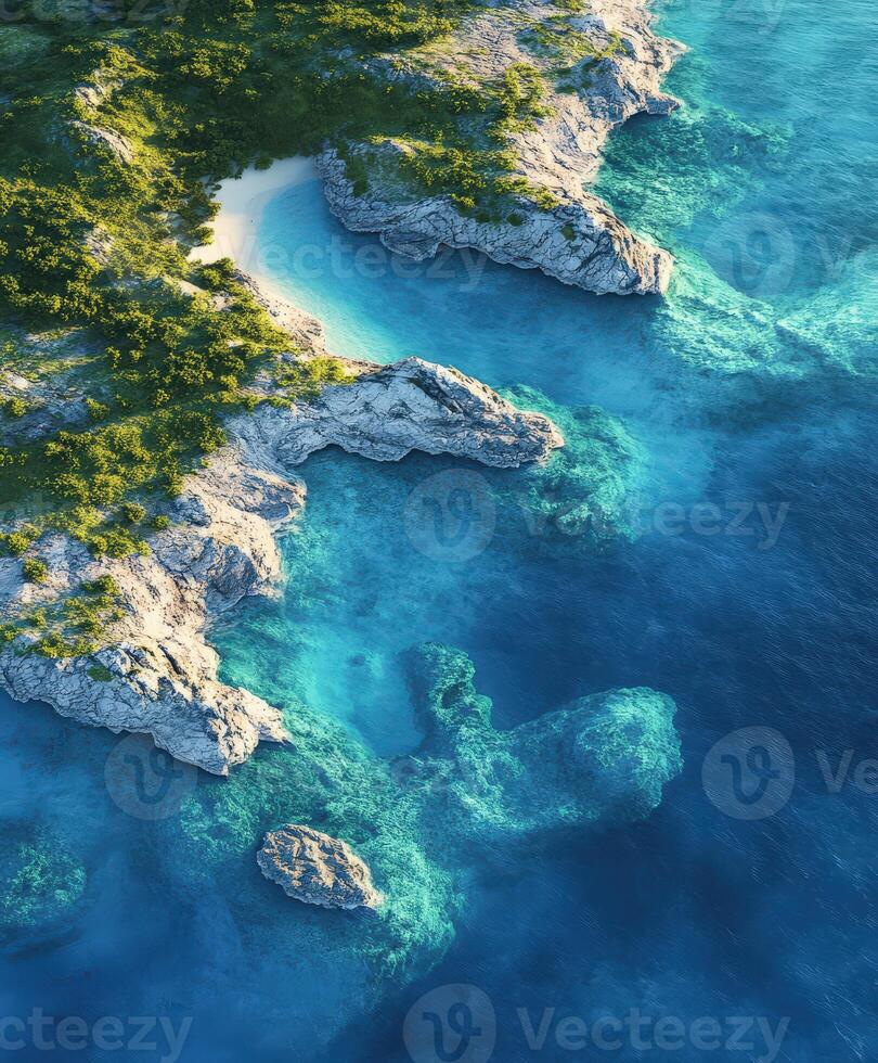 An aerial view of a beautiful island with green trees photo