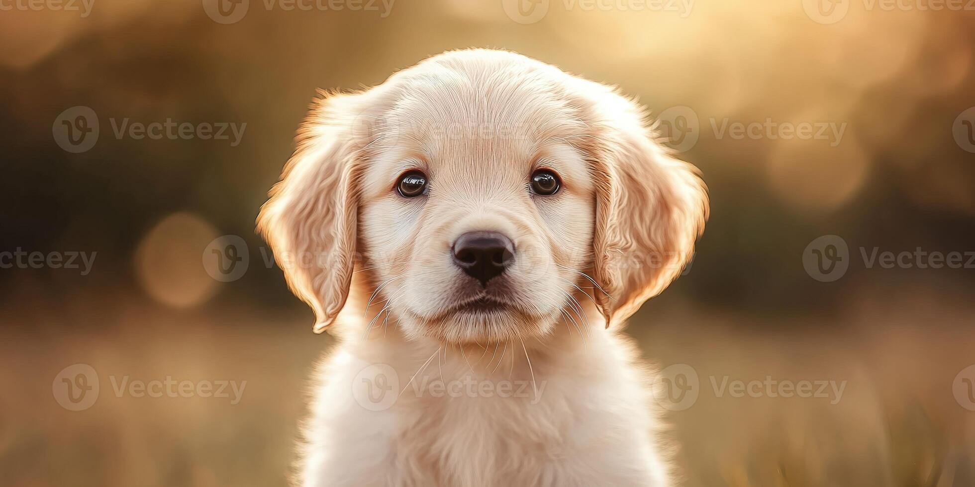 A golden retriever puppy is sitting in the grass photo